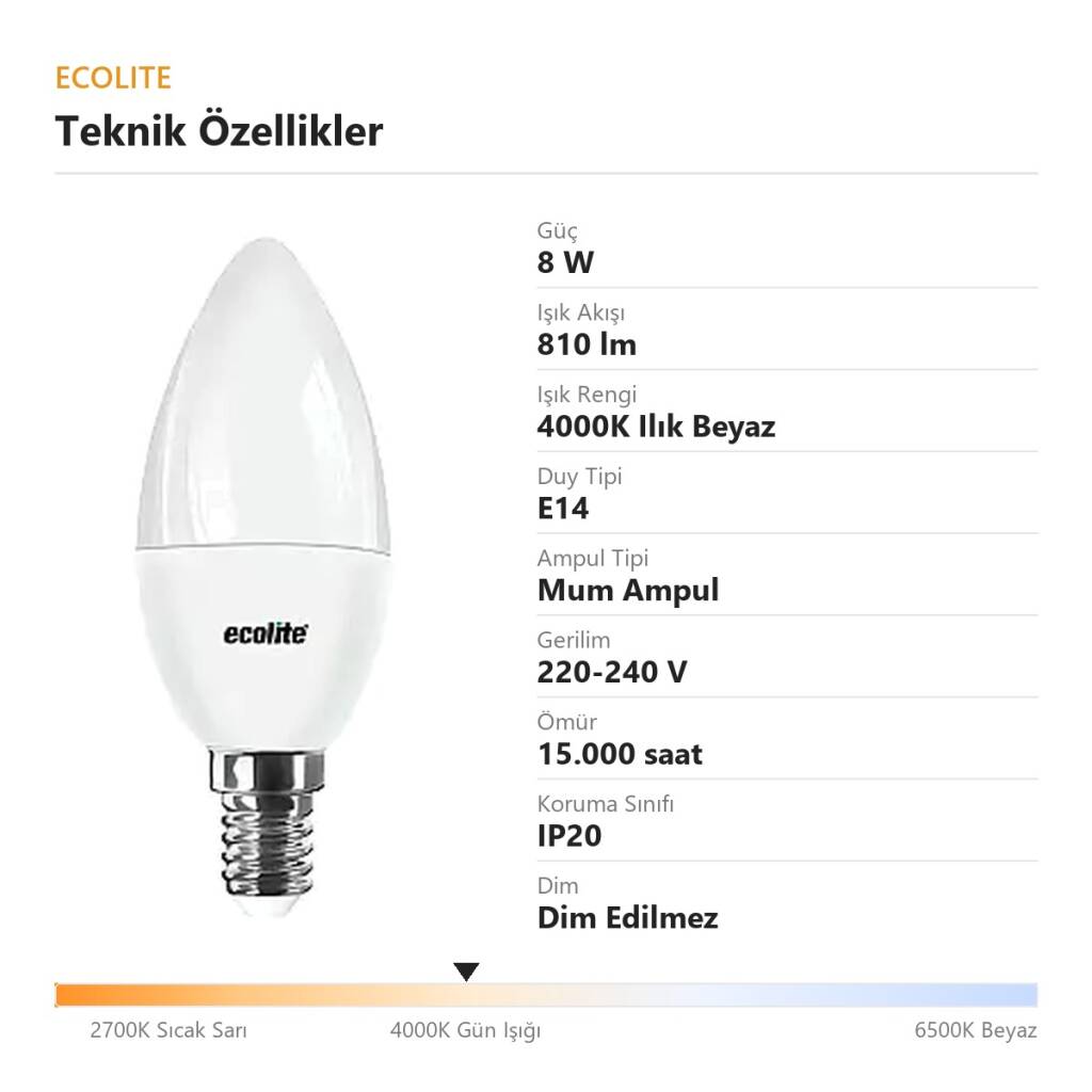 ECOLİTE 8W ILIK BEYAZ 4000K  LED CANDLE Ampul : 220V -Opal cam - 810 LM - 15.000 saat ömür - 4