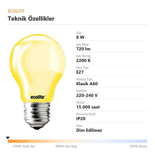 Ecolite 8W LED A60 SİNEK AMPULÜ 220V 720 LM 15.000 saat ömür - 4