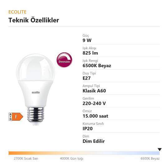 Ecolite 9W BEYAZ LED DIMMABLE CLASSIC A60 Ampul 220V Opal Cam 15.000 Saat Ömür - 4