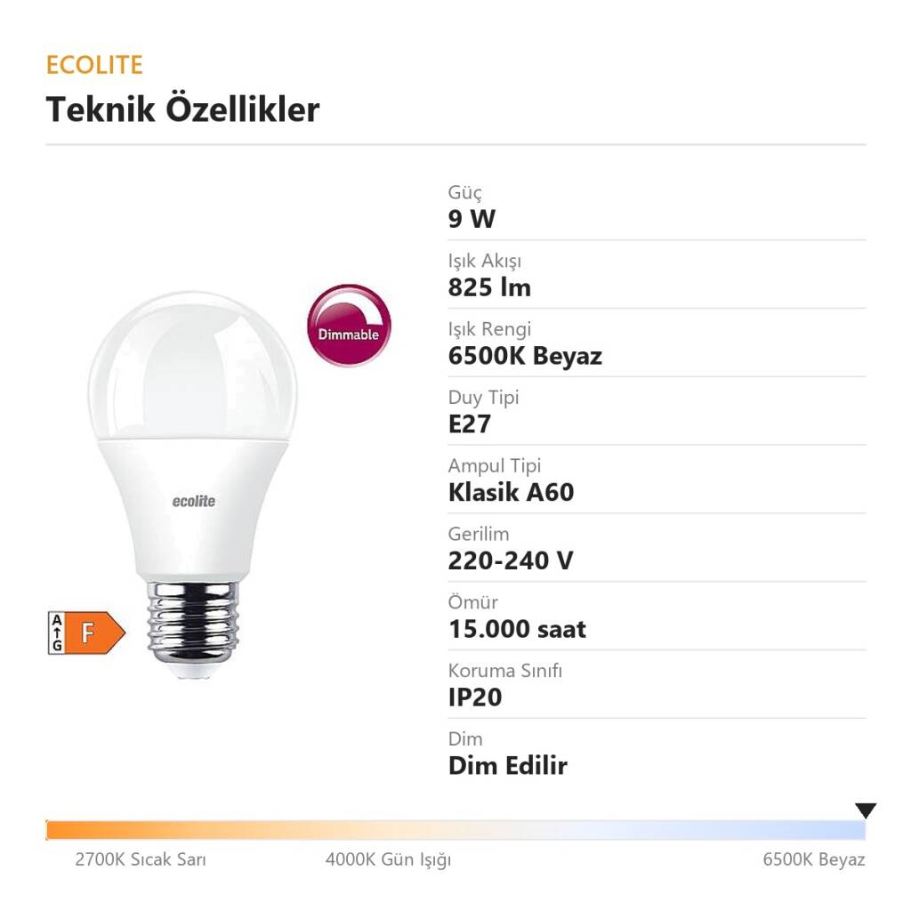 Ecolite 9W BEYAZ LED DIMMABLE CLASSIC A60 Ampul 220V Opal Cam 15.000 Saat Ömür - 4