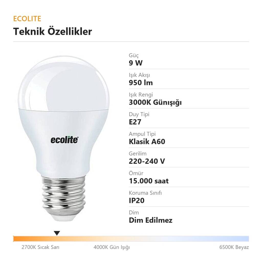 Ecolite 9W GÜNIŞIĞI 3000K 6500K LED EMERGENCY LIGHT A65 Ampul : 220V - Opal Cam - 15.000 saat ömür = 850 LM - 6500K = 900LM - - - 4