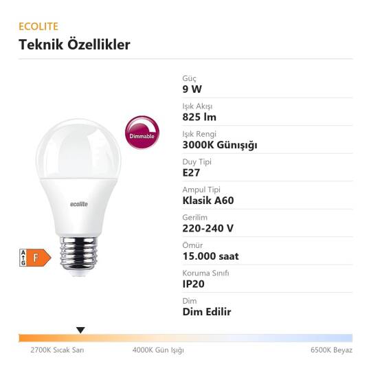 Ecolite 9W GÜNIŞIĞI 3000K LED DIMMABLE CLASSIC A60 Ampul 220V Opal Cam 15.000 Saat Ömür  - 4