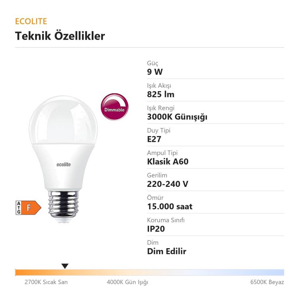 Ecolite 9W GÜNIŞIĞI 3000K LED DIMMABLE CLASSIC A60 Ampul 220V Opal Cam 15.000 Saat Ömür  - 4